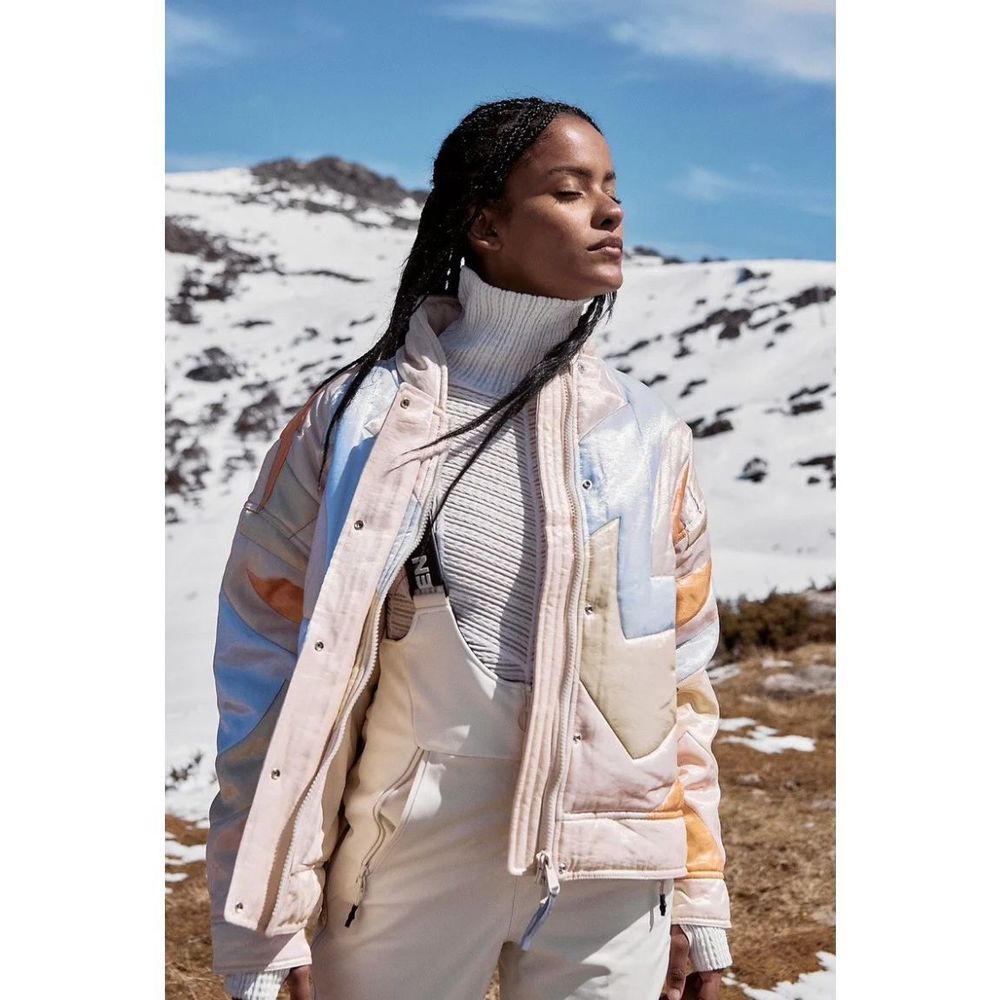 New Free People Shine On Puffer Jacket Irridescent Quilted Tan Coral Sz Large